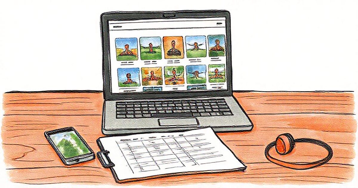 A laptop showing a grid of sports photo galleries beside a smartphone, a team roster clipboard and a whistle