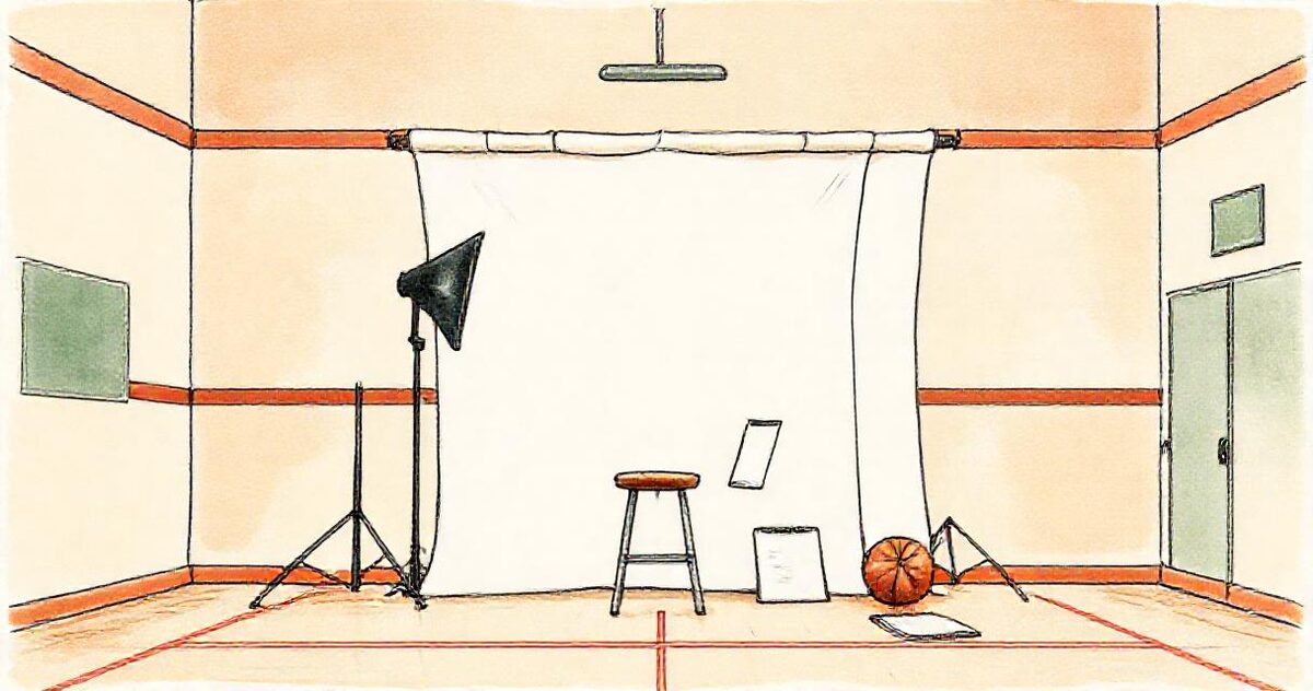 A school gym set up for team picture day with a backdrop, a stool, a softbox light, a basketball and a clipboard