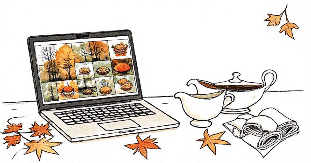 A laptop on a kitchen counter showing a grid of autumn photos, next to a gravy boat, a folded napkin and maple leaves