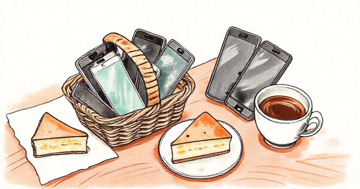 A wicker basket full of smartphones next to slices of pie and a cup of coffee
