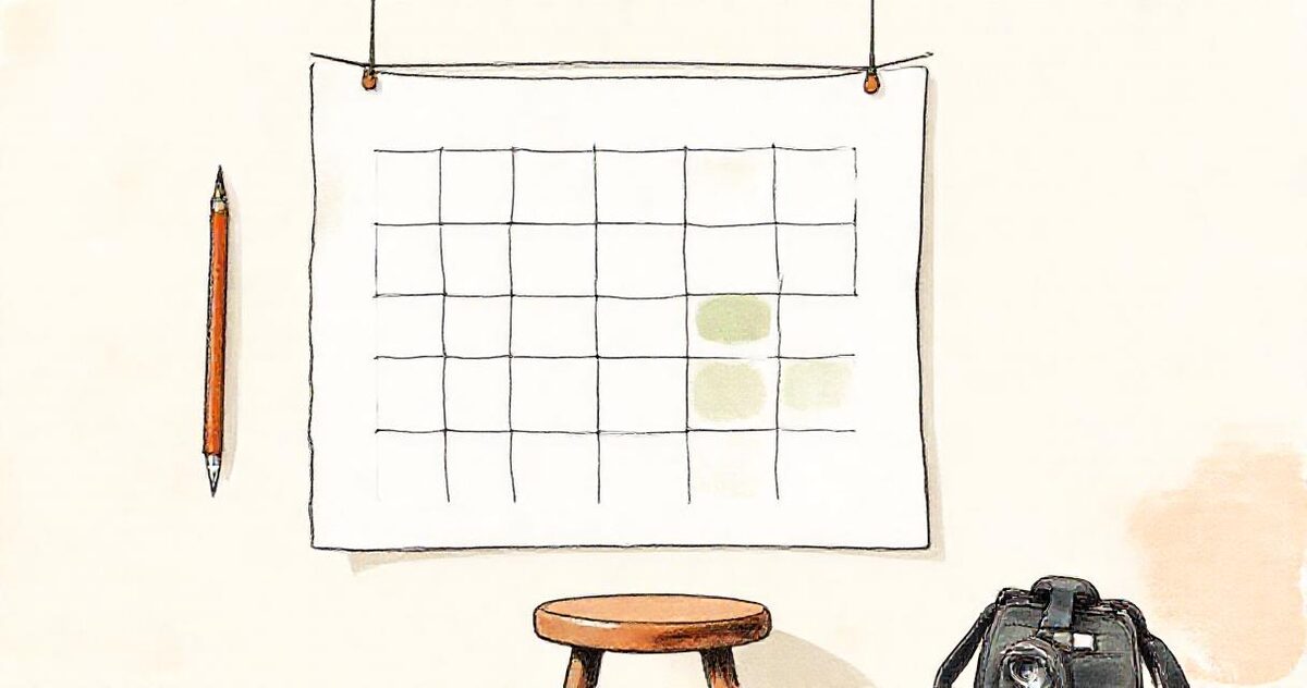 A blank grid pinned to a wall with a few squares washed in green, a pencil beside it, and a stool and camera bag below