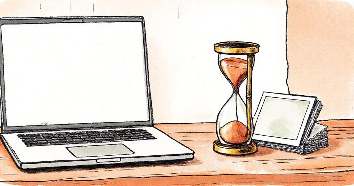 A brass hourglass with sand running, beside a laptop and a small stack of photo prints on a wooden desk