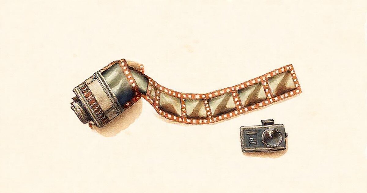 A film strip unrolling from a canister into a row of frames, beside a small camera