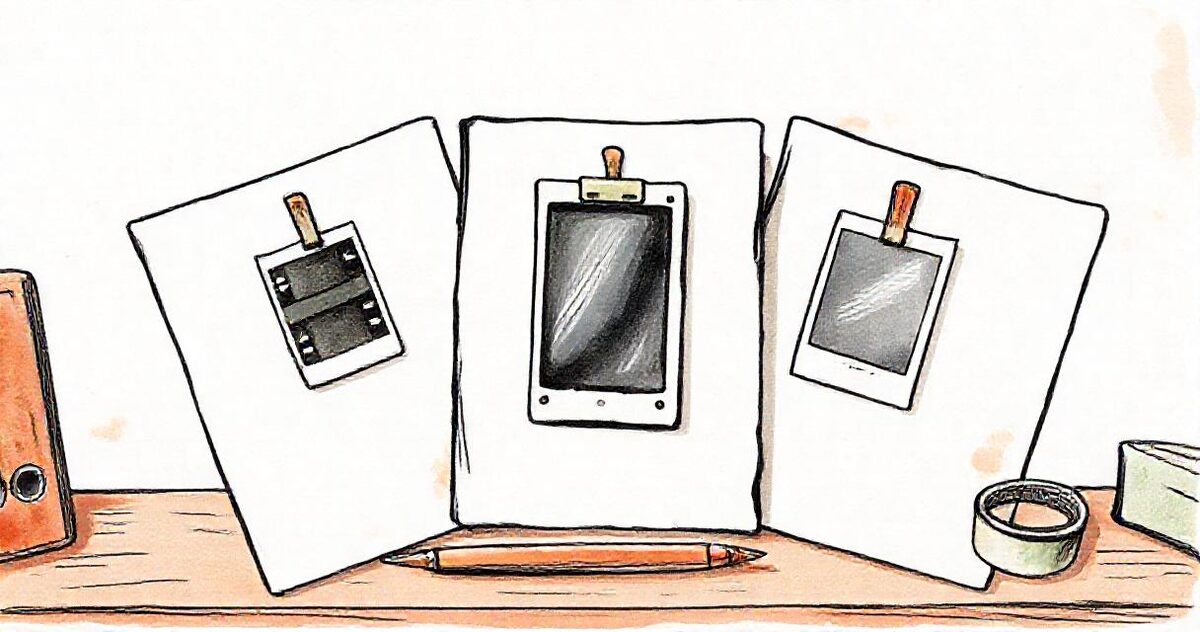 Three paper folders on a desk, one with a film strip clipped to it, one with a phone-shaped frame and one with a photograph