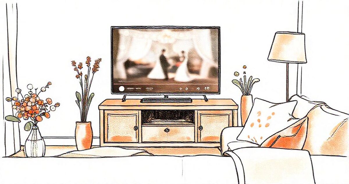 A living room with a television showing a soft, blurred wedding scene, a sofa with cushions and a lamp