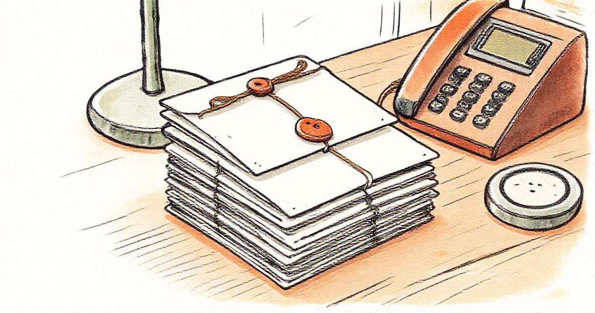 A stack of small sealed envelopes tied with string beside a phone on a desk