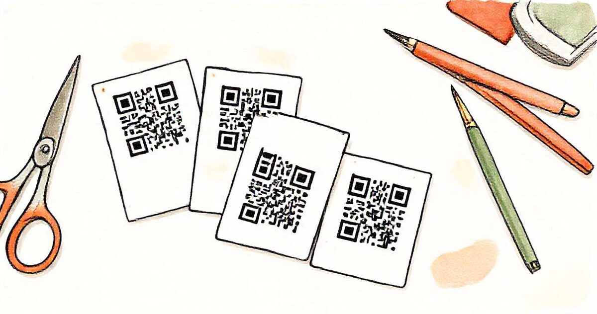 Small printed cards with QR codes on a desk beside scissors and pencils
