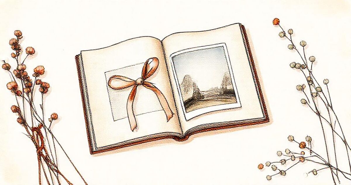 An open linen wedding album with photo prints, a ribbon-tied box and dried flowers on a table