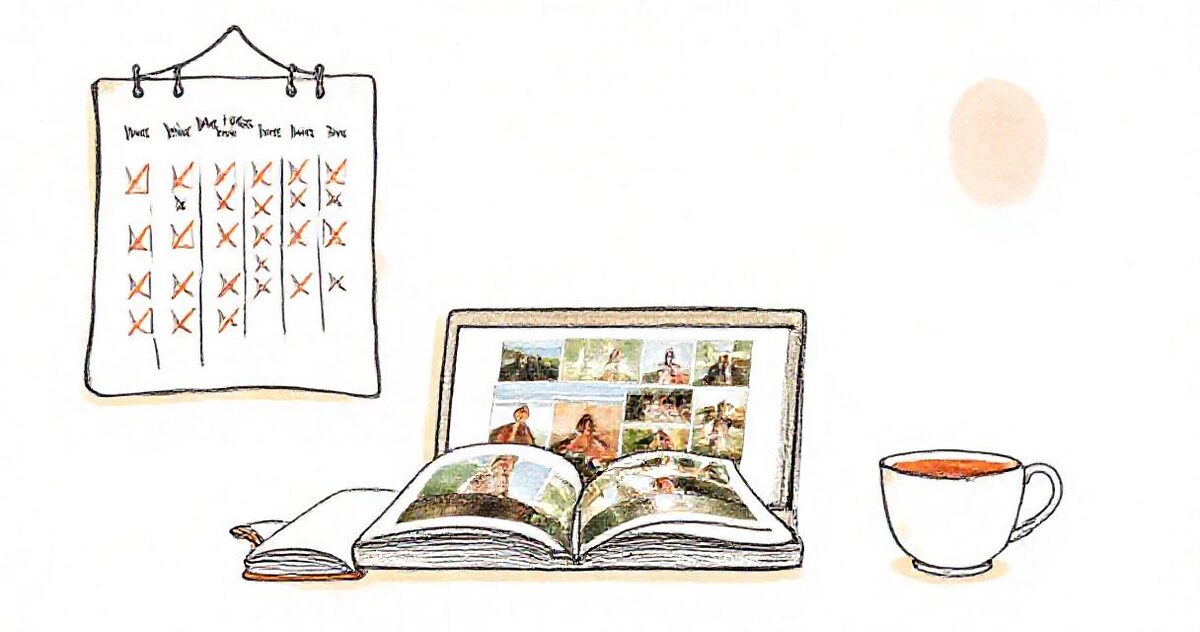 A wall calendar with weeks crossed off, a laptop with photo thumbnails, an open wedding album and a cup of tea