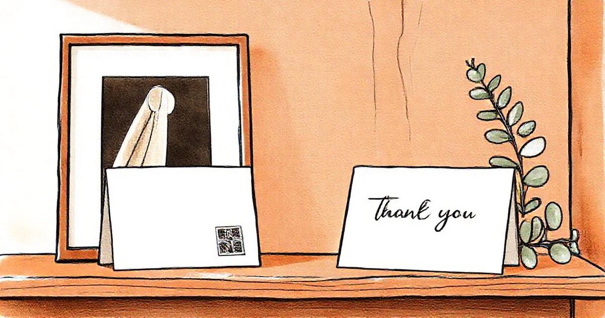 Illustration of a thank-you card with a small QR code on a shelf beside a framed wedding photograph