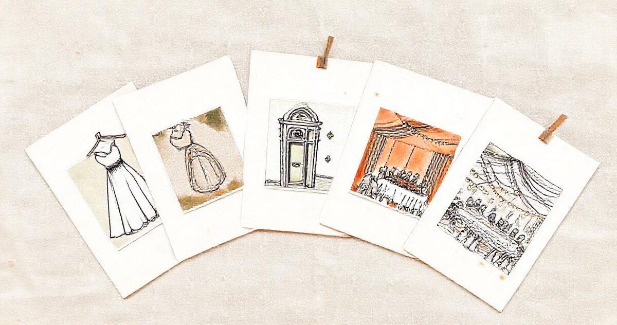 Illustration of paper folders, each with a photo of one part of the wedding day clipped to the front