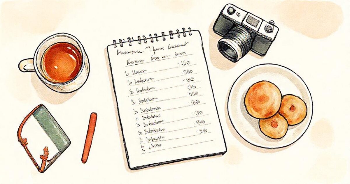A notebook listing booking slots beside a mug of tea, mince pies on a plate and a camera
