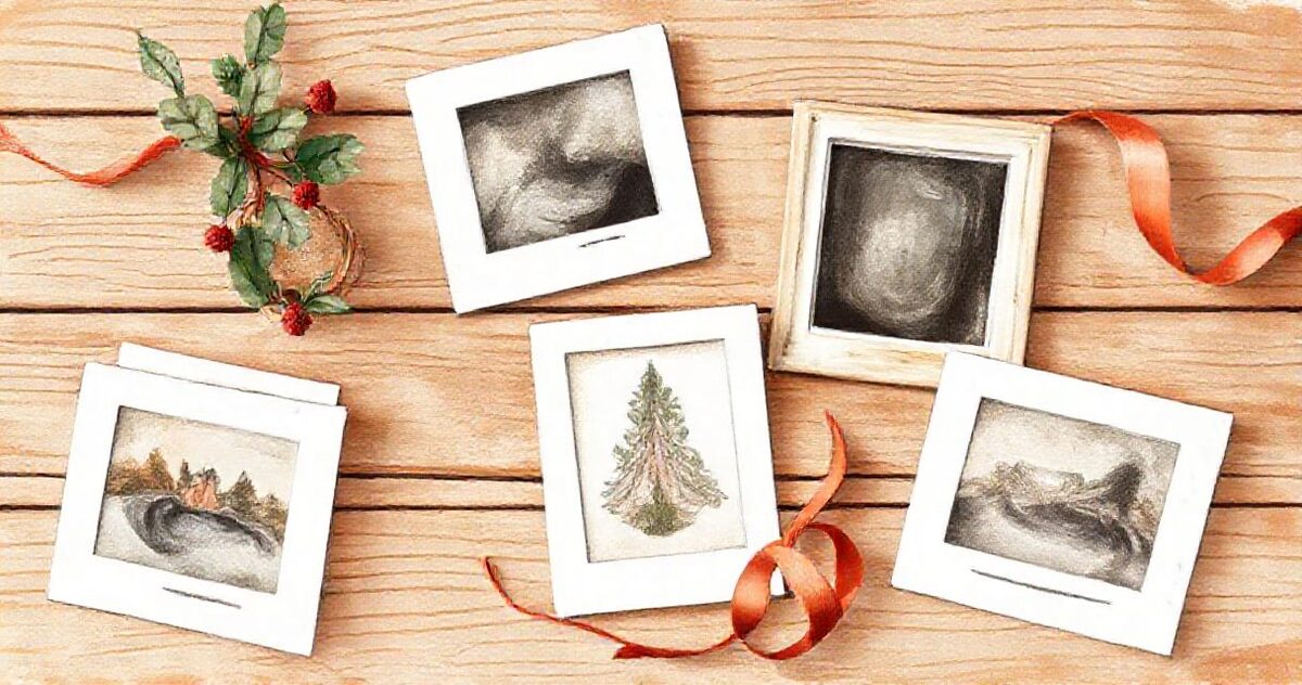Printed Christmas photo cards and small framed prints on a wooden table with holly and a red ribbon
